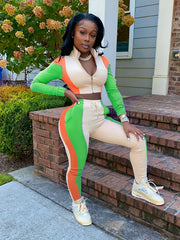Street Wear Zip Up Crop Top & Elastic Pants Set
