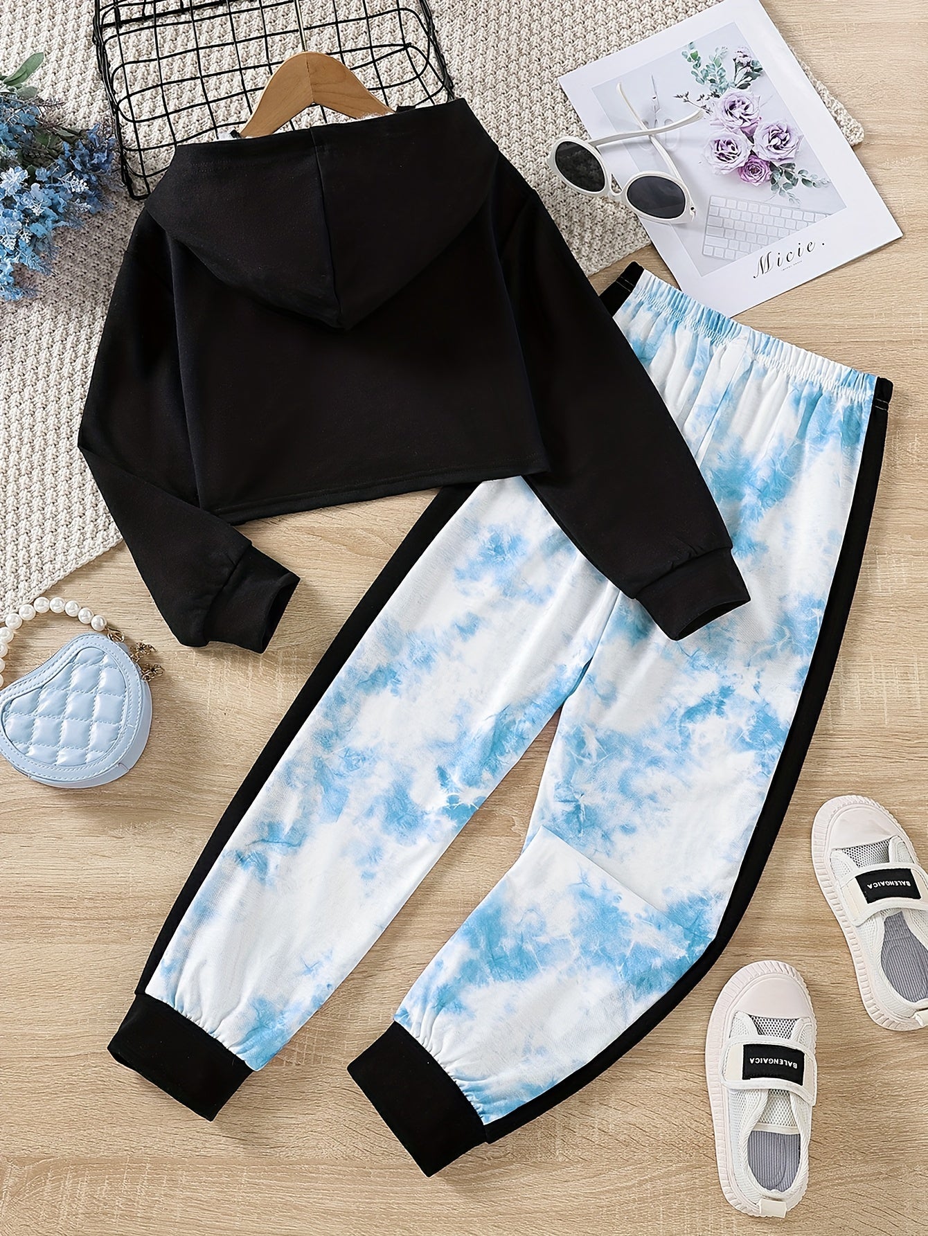 Girls 2pc TROUBLE Letter Hoodie Set Colorblock Tie dye Pants Kids Casual Suit