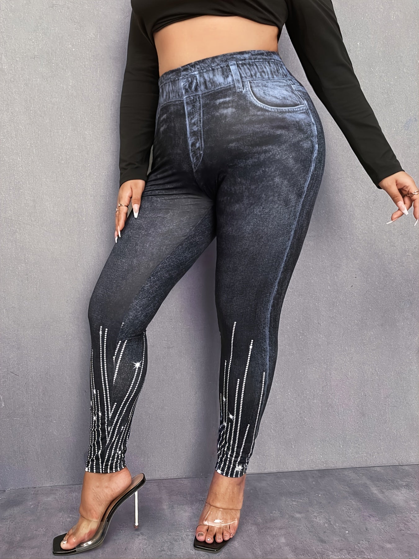 3D Denim Rhinestone Print High Rise Leggings Plus Size