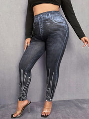 3D Denim Rhinestone Print High Rise Leggings Plus Size