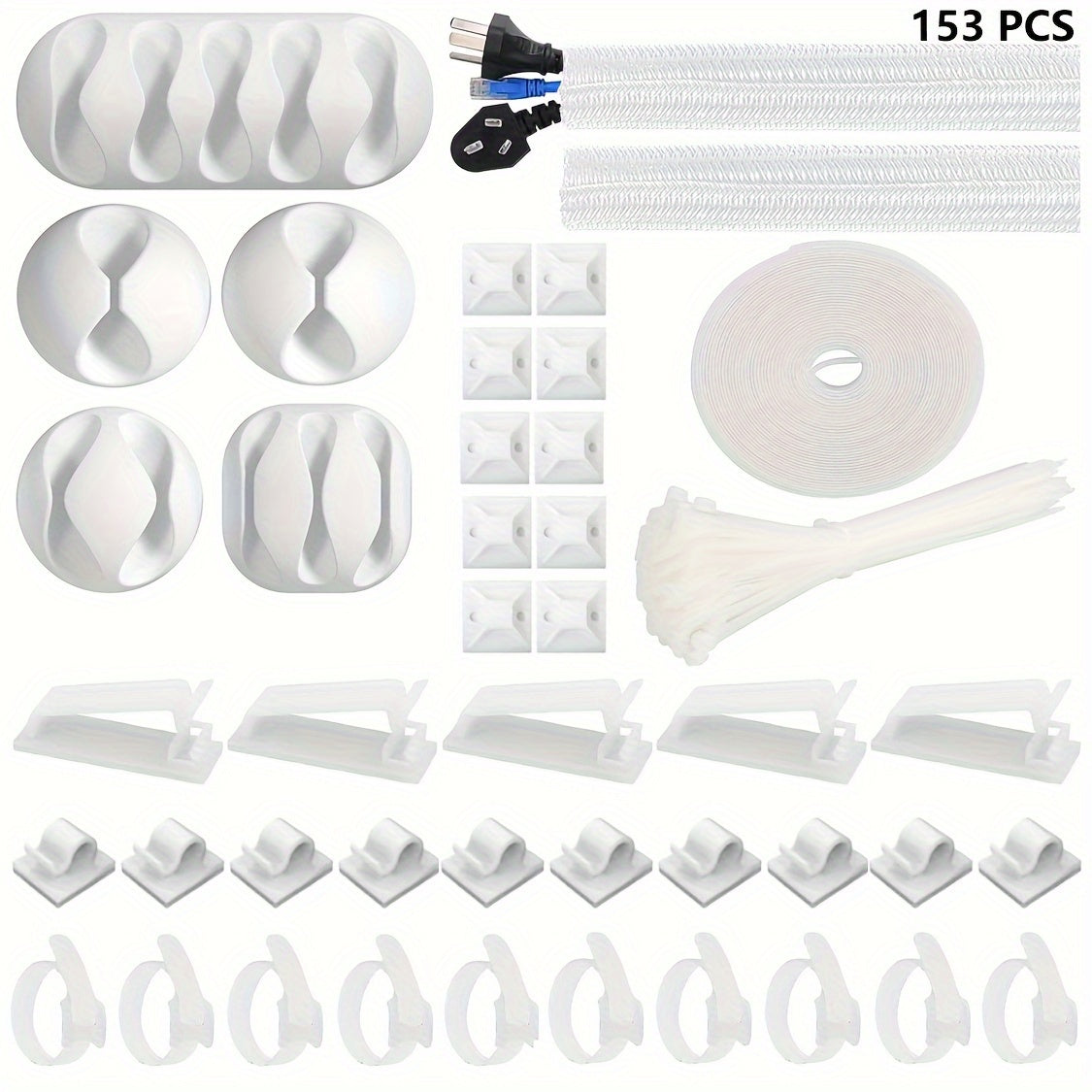 153pcs Cable Management Kit 2 Cable Sleeves 20 Cable Clips 20 Zip Tie Mounts