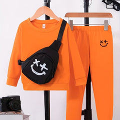 Boys 3pcs Sweatshirt & Pants & Bag Set Happy Face Print Top Casual Kids Clothes