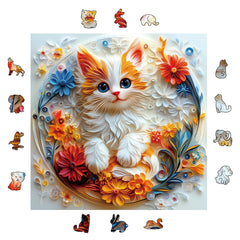 Floral Cat Wood Puzzle Animal Shapes Handcrafted Decor