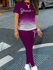 Plus Size 2 Piece Set Ombre & Letter Print Top & Pants Outfit