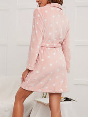 Polka Dot Print Bathrobe Warm & Fuzzy Lounge Robe With Pockets