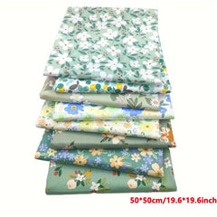 8pcs Green Flower Series Cotton Twill Fabric for Quilting and Sewing DIY