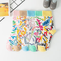 5 Pairs Graffiti Pattern Socks Colorful Cotton Mid Tube Women's Stockings