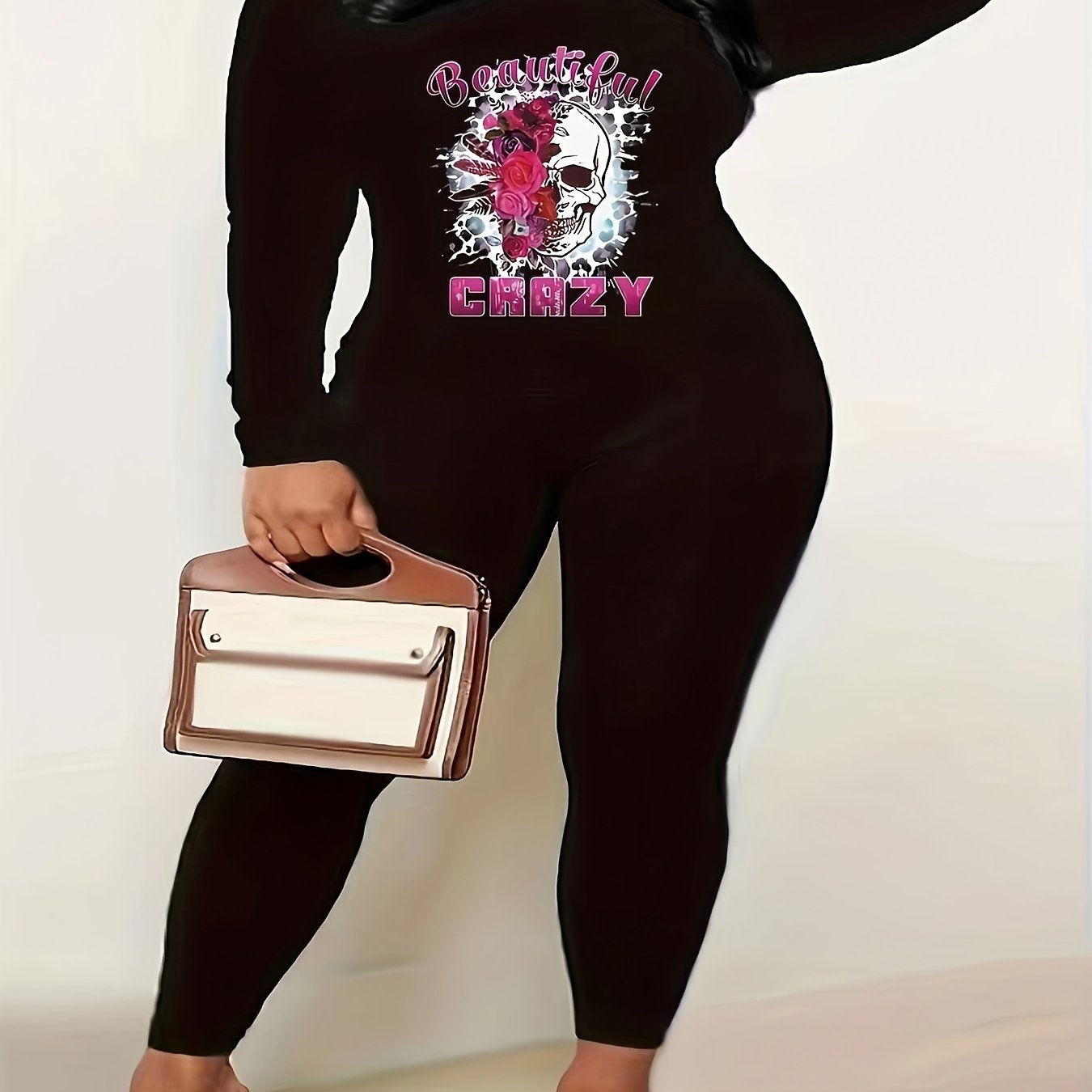 Women's Plus Skull & Floral Print Long Sleeve Top & Leggings Set