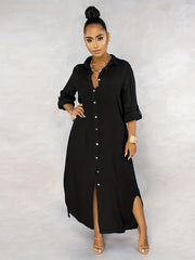 Casual Dress Women's Plus Solid Roll Up Sleeve Button Up Shirt Dress