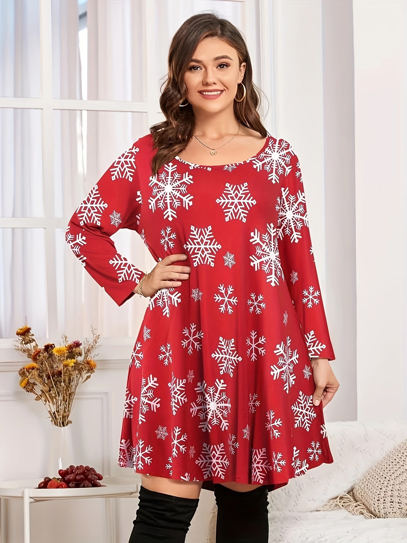 Christmas Dress Women's Plus Allover Print Long Sleeve