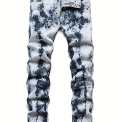 Tie Dye Slim Fit Ripped Jeans Men Casual Street Mid Denim Pants