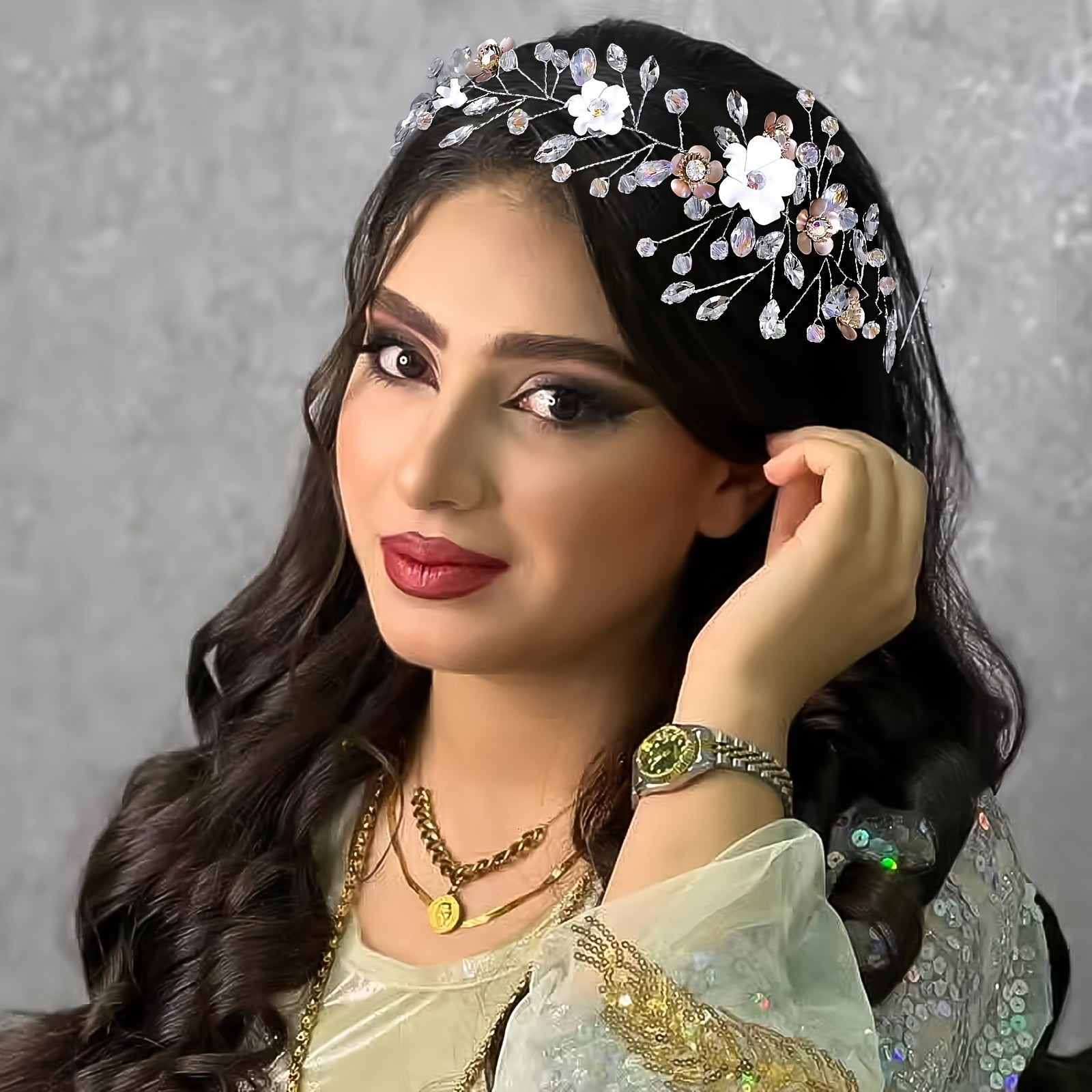 Whimsical Floral Bridal Headband with Sparkling Accents