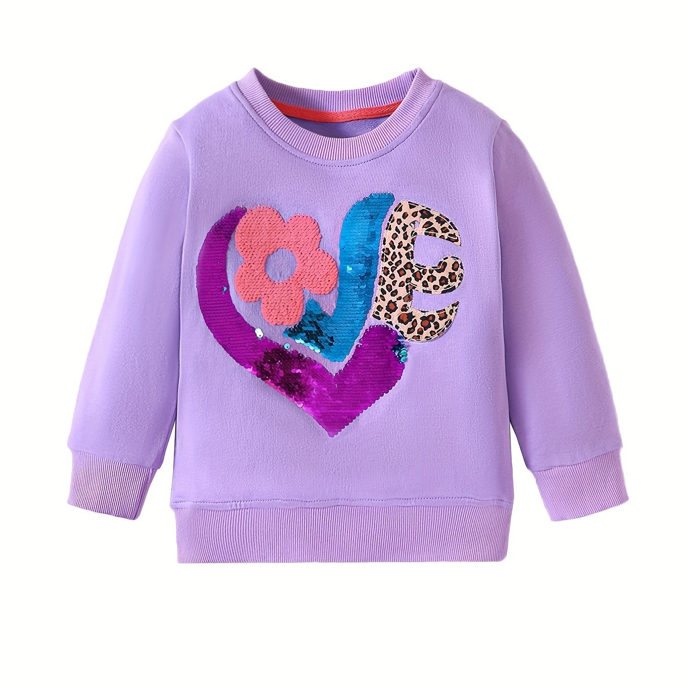 Girls Sequin Applique Crew Neck Sweatshirt Casual Fit Autumn Tops