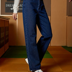 High Waist Straight Jeans Loose Fit High Rise Slash Pockets Denim Pants