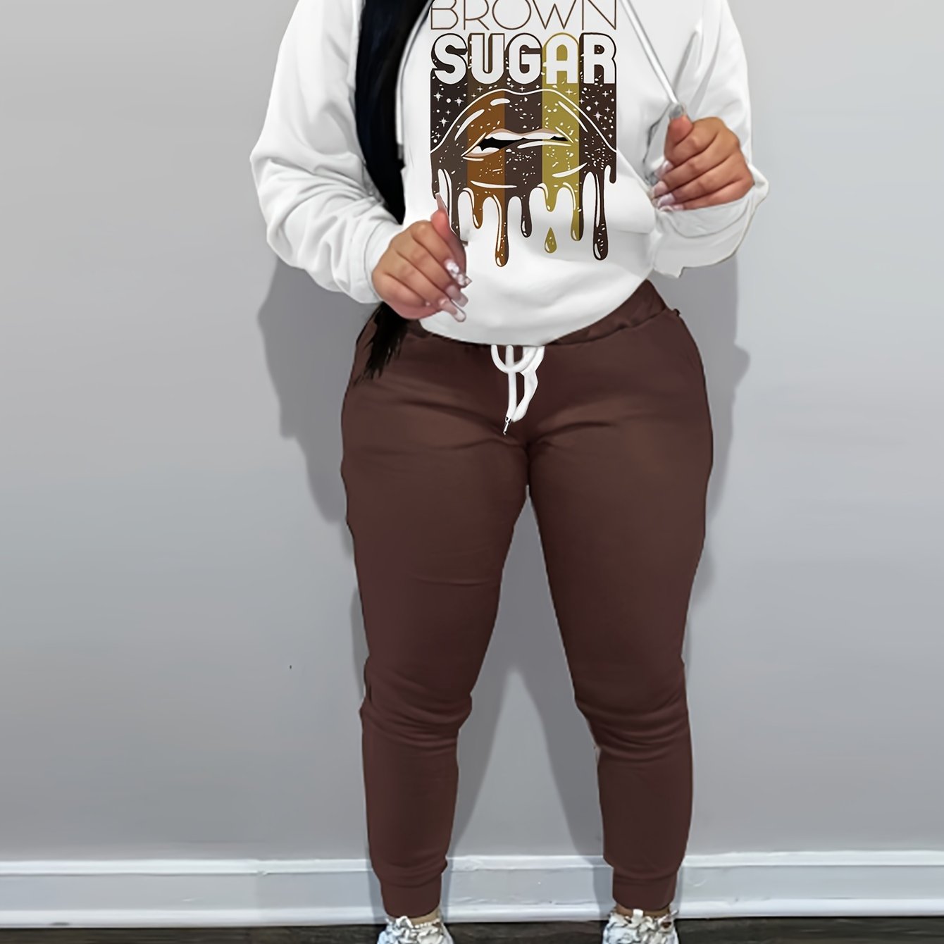 Women's Plus Lip & Letter Print Hoodie & Joggers Set