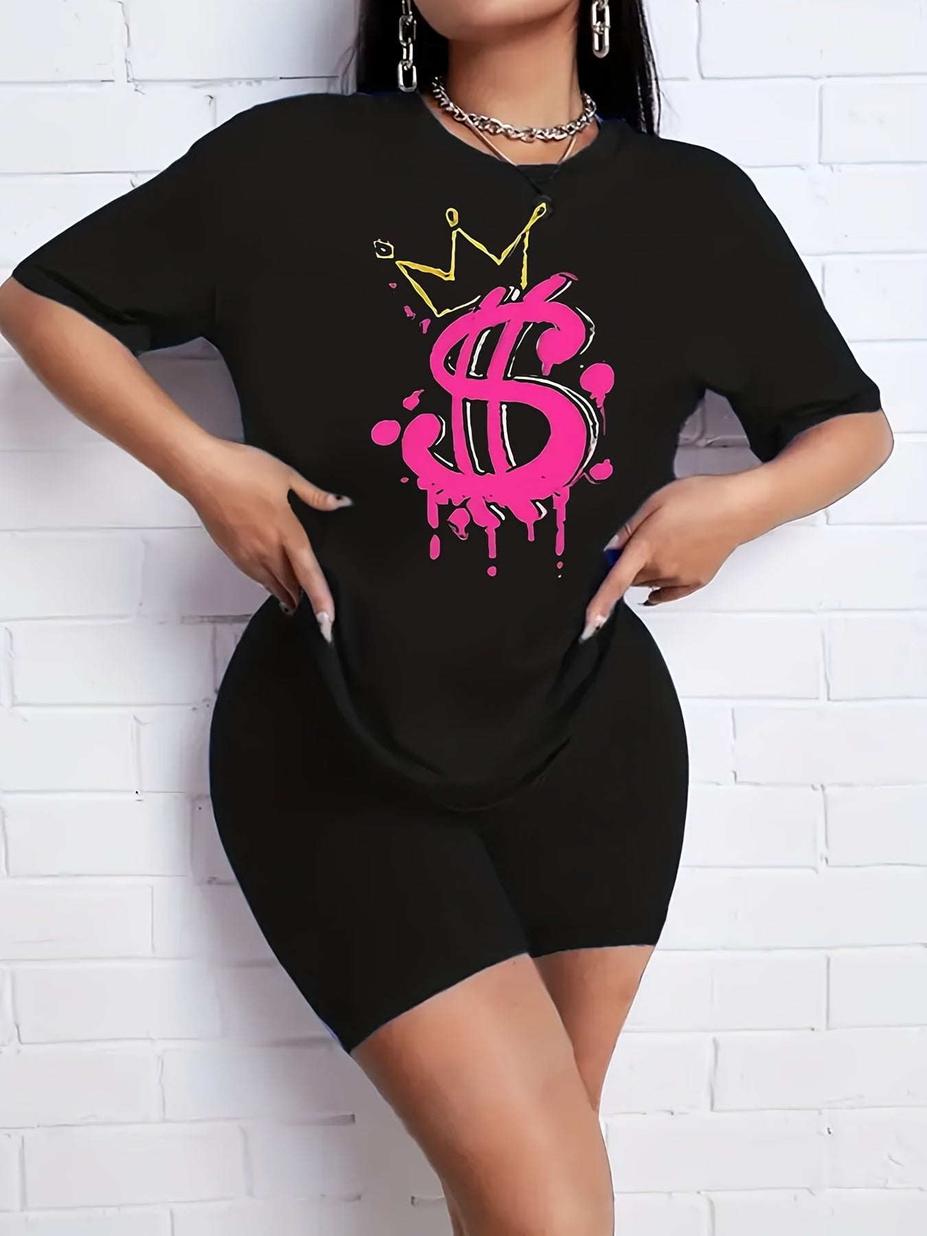 2pcs Summer Dollar Graphic T shirts & Solid Shorts Women's Activewear