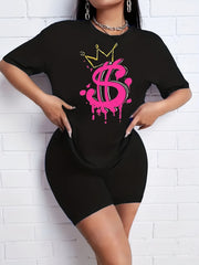 2pcs Summer Dollar Graphic T shirts & Solid Shorts Women's Activewear