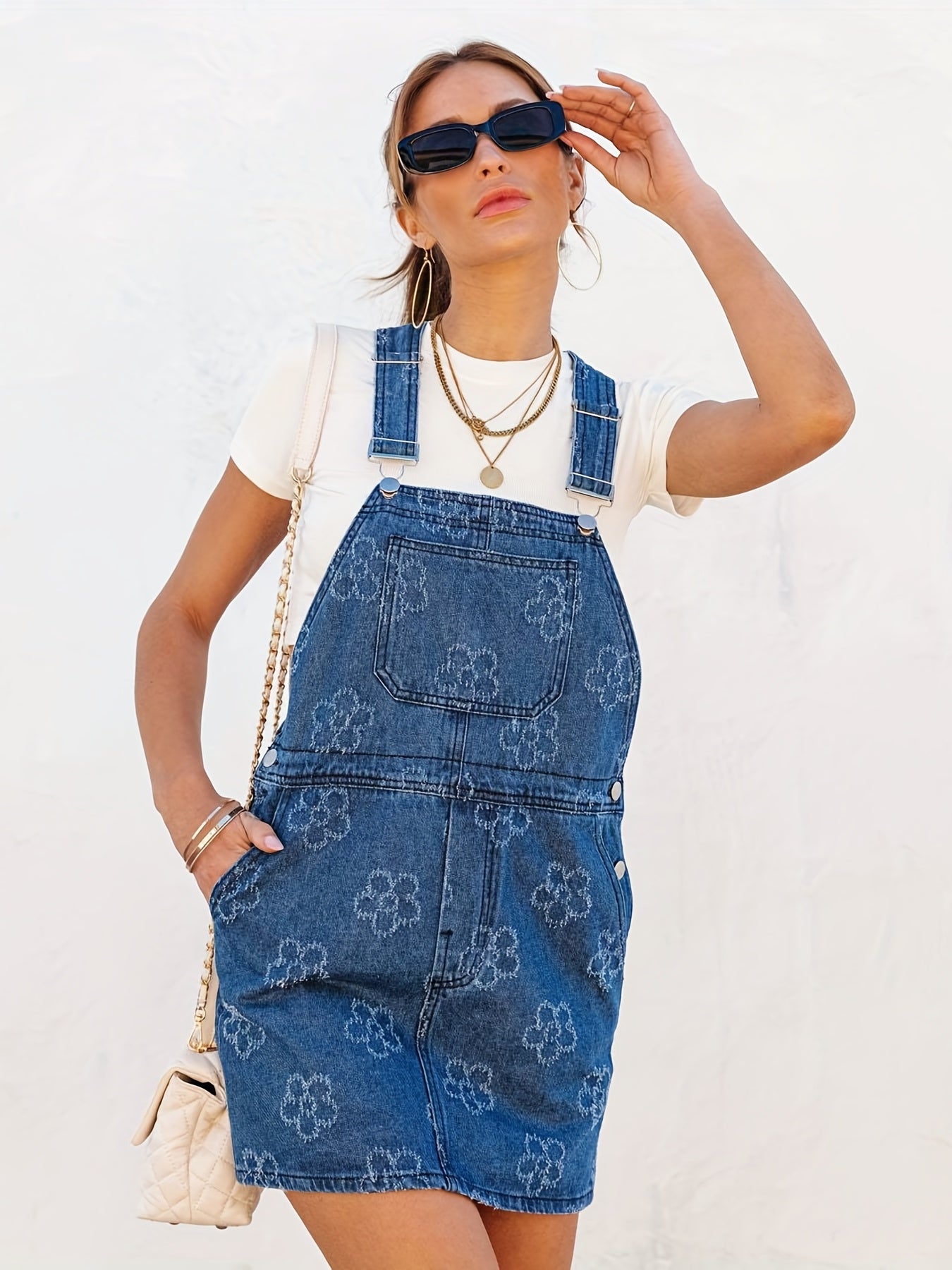 Floral Casual Denim Dress with Patch Pockets
