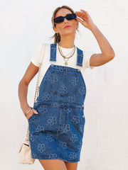 Floral Casual Denim Dress with Patch Pockets