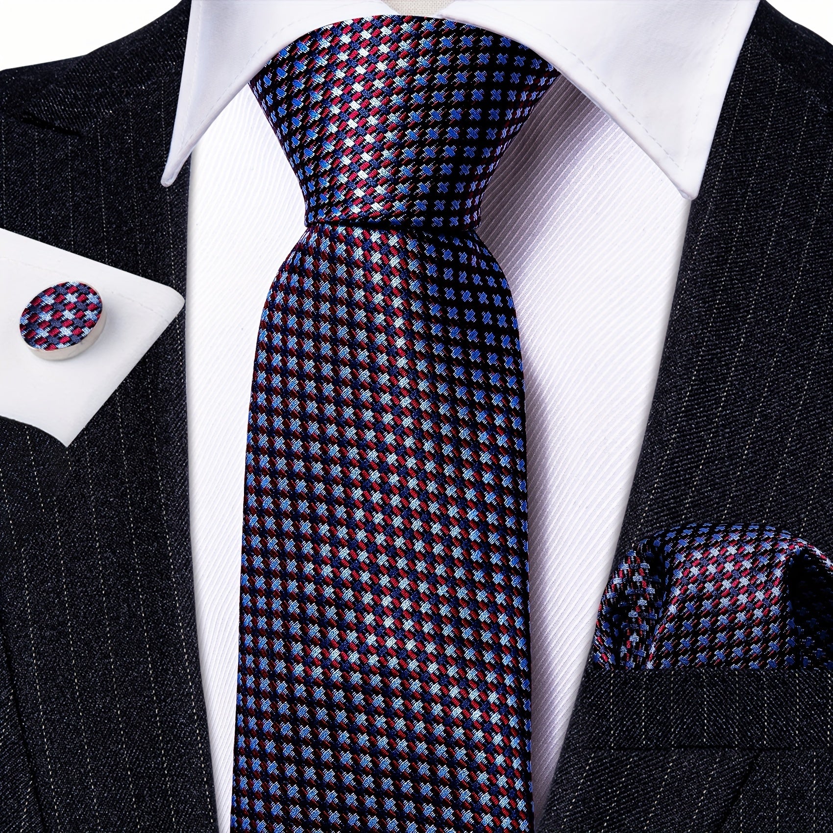 Men's Brown Green Plaid Silk Tie Set