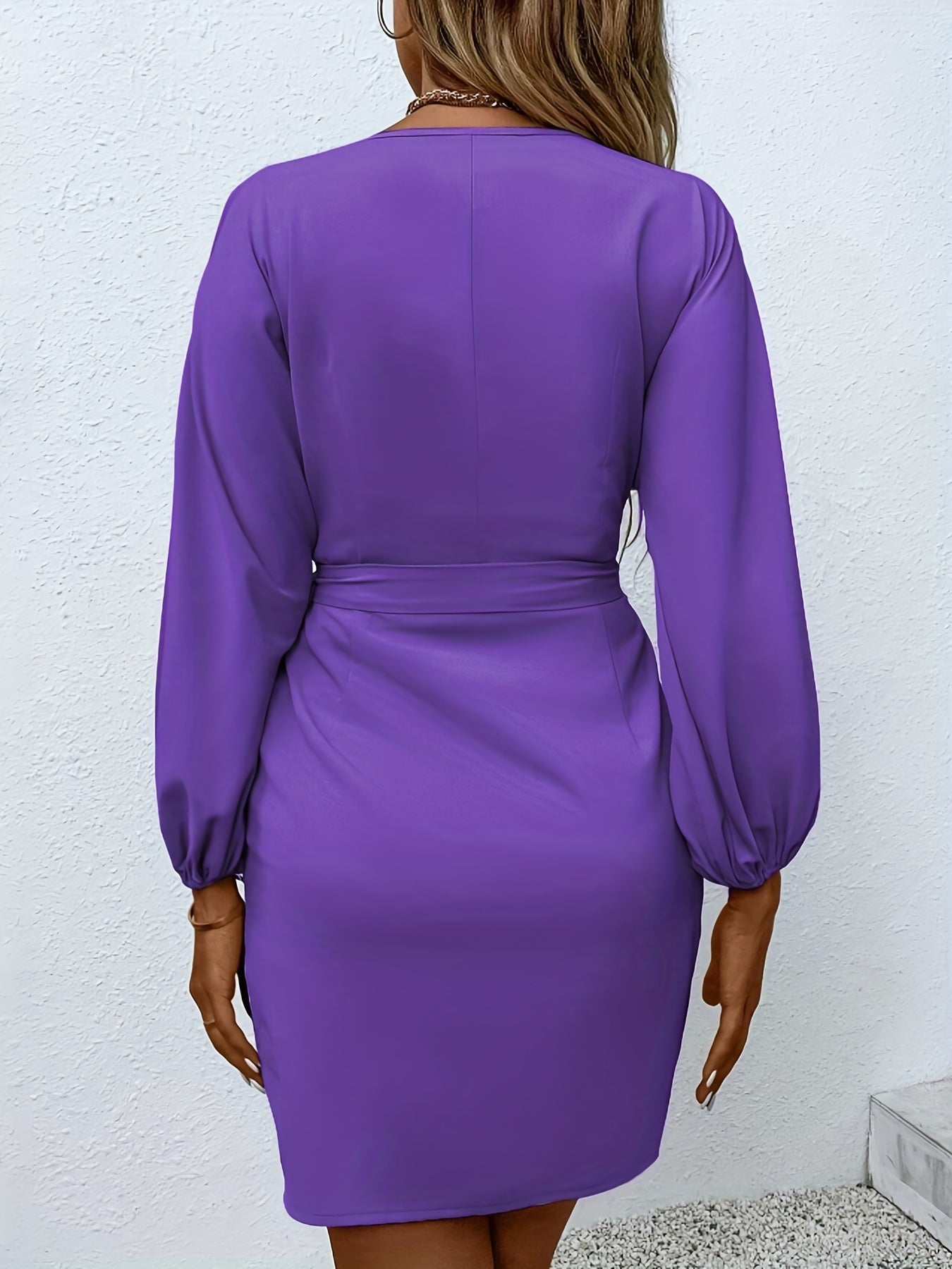 Solid Tie Front Surplice Neck Dress Casual Ruched Long Sleeve Dress