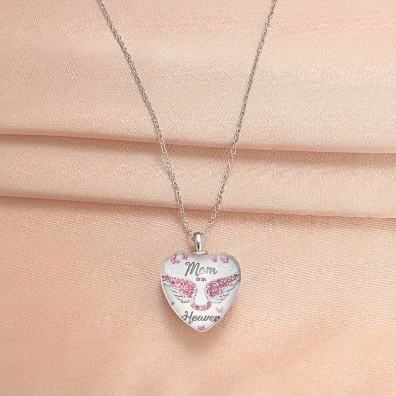 Pink Rhinestone Wing & Mom Is In Heaven Heart Pendant Necklace