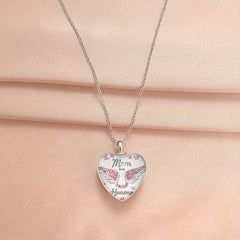 Pink Rhinestone Wing & Mom Is In Heaven Heart Pendant Necklace