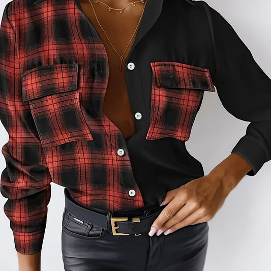 Colorblock Plaid Print Button-Up Blouse