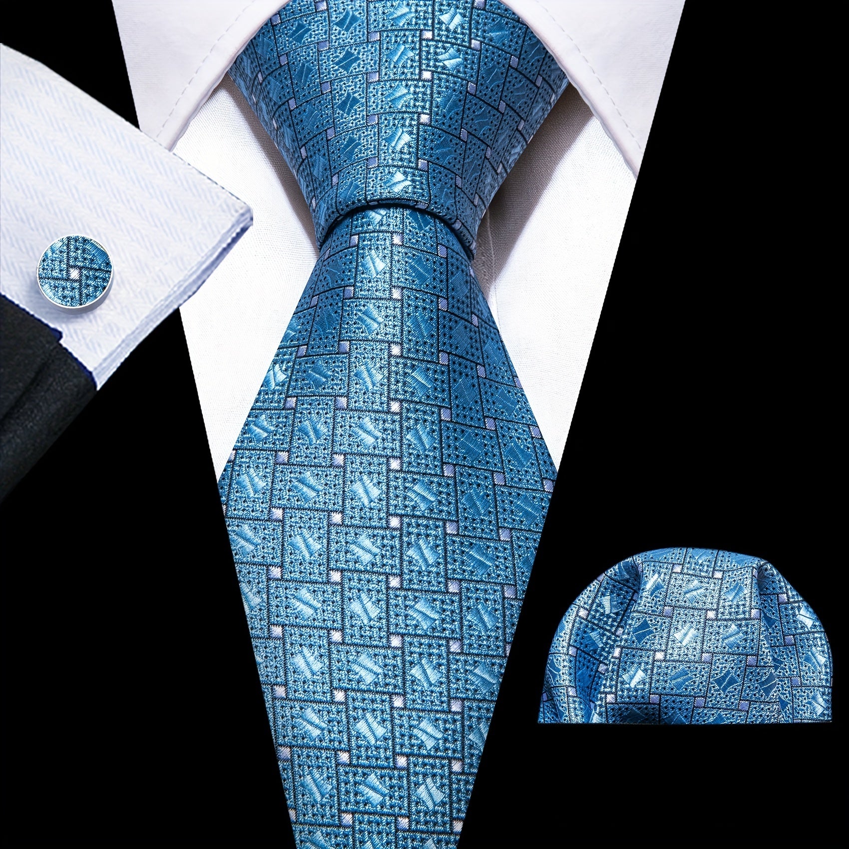 Barry Wang Men's Necktie Cufflinks Square Scarf Set Silk Plaid Pattern