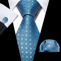 Barry Wang Men's Necktie Cufflinks Square Scarf Set Silk Plaid Pattern