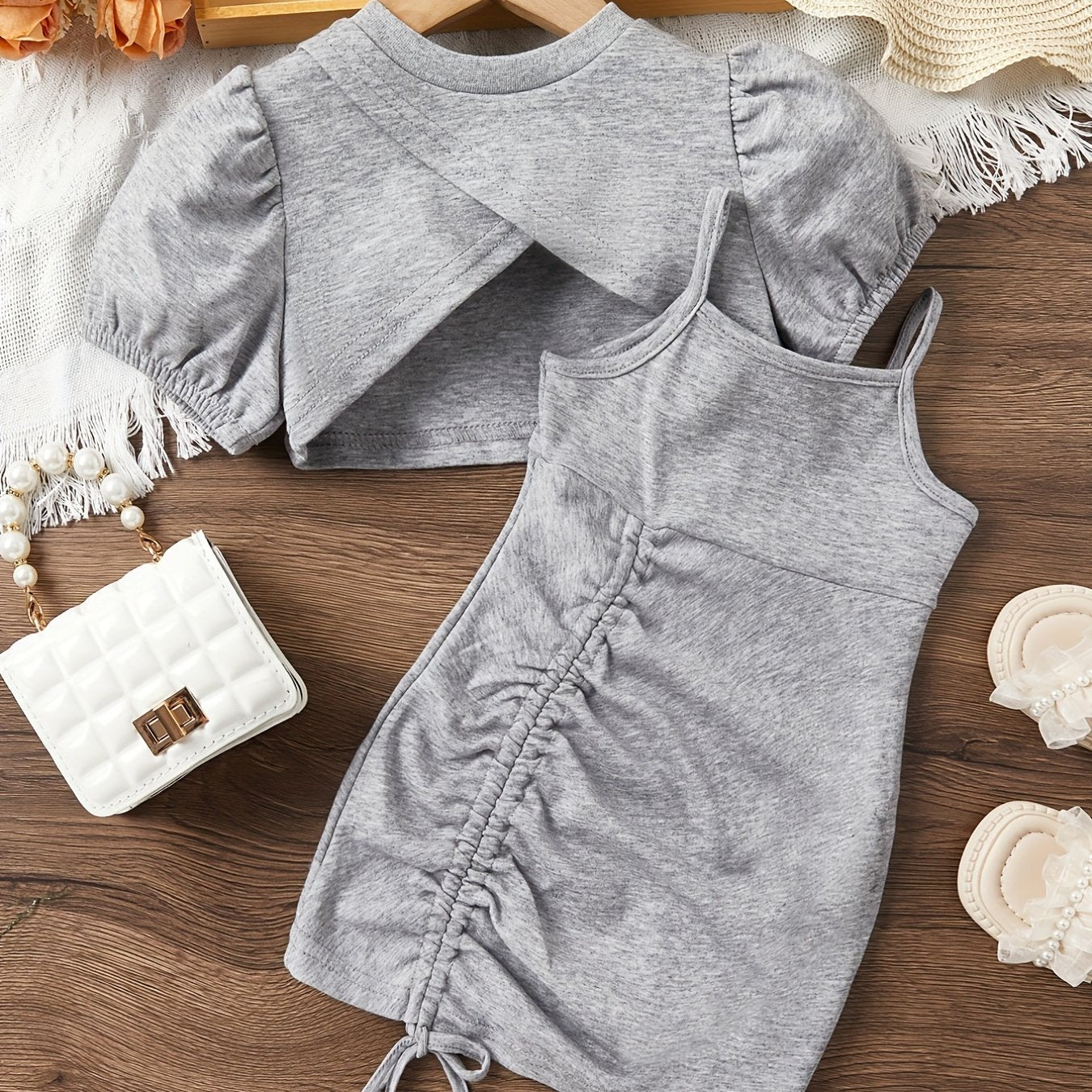 2pc Toddler Girls Cami Dress & Crop Top Set For Party Beach Vacation