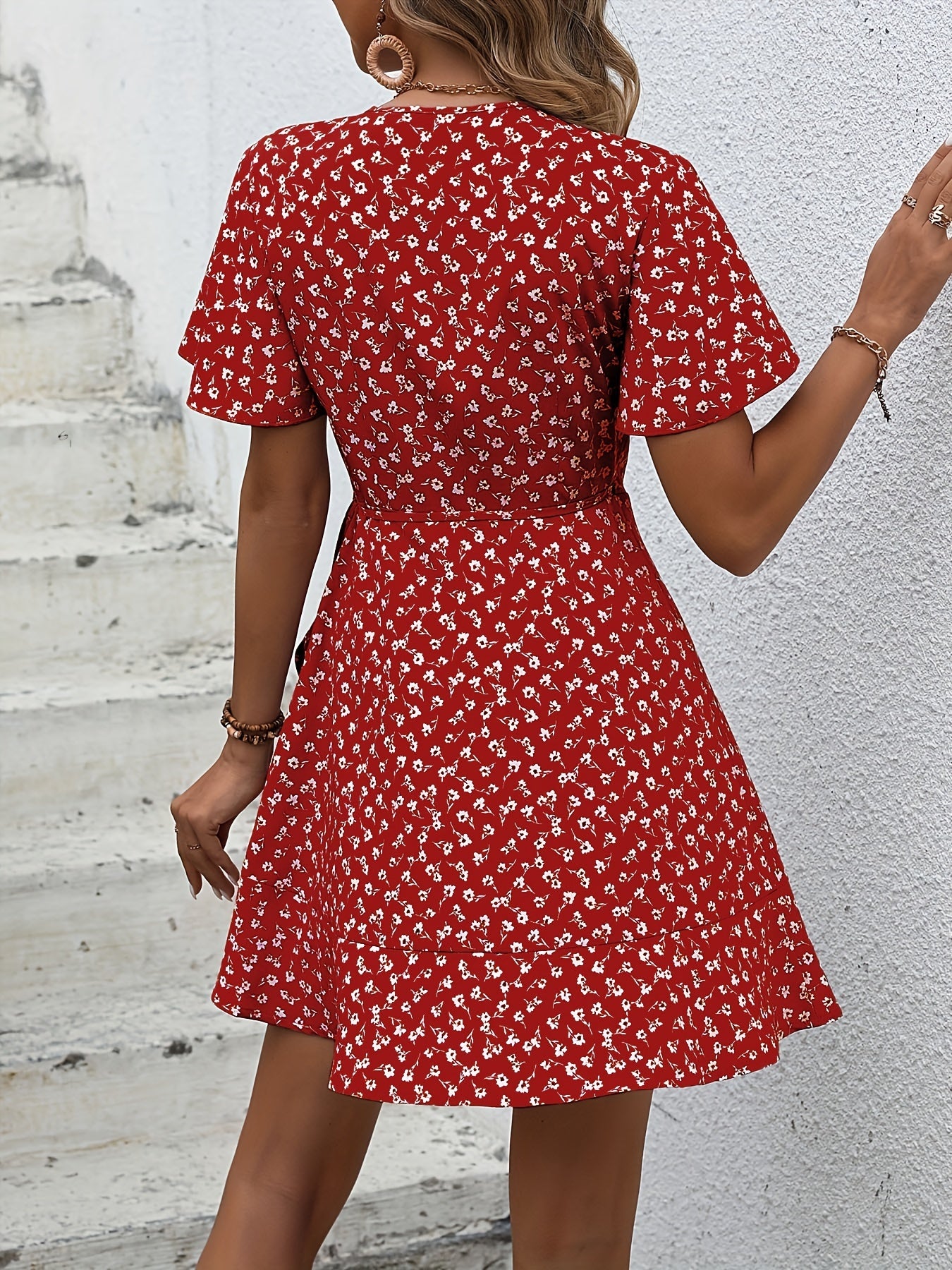 Floral V Neck Dress Short Sleeve Casual Summer Women's Clothing