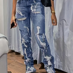 Long Denim Jeans Ripped Holes Distressed Pockets High Stretch Pants Women's