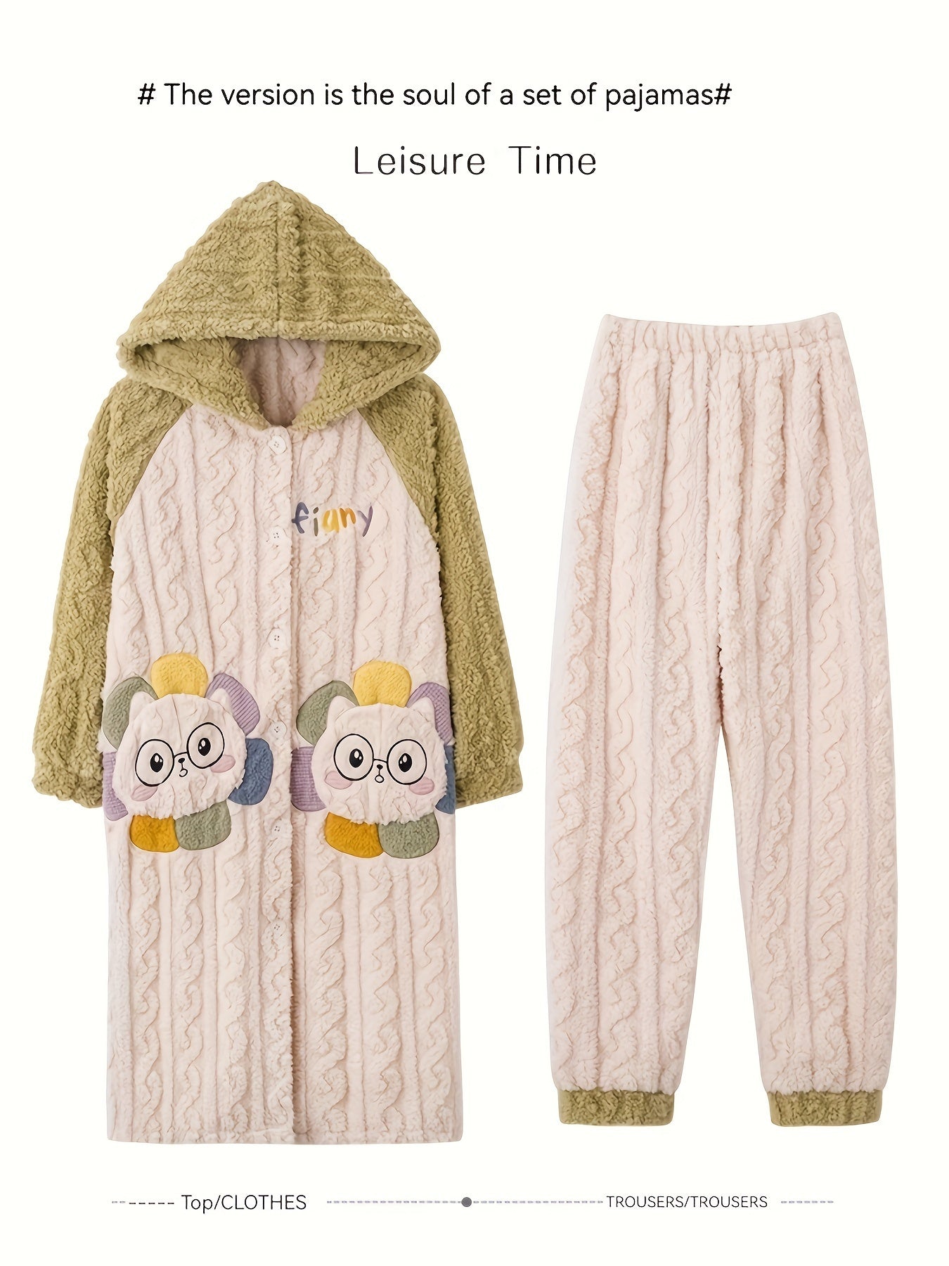 Cat Fuzzy Pajama Set Long Sleeve Hooded Robe & Pants Women's Sleepwear