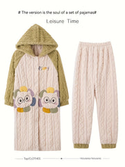 Cat Fuzzy Pajama Set Long Sleeve Hooded Robe & Pants Women's Sleepwear