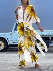 Sunflower Pattern Swimsuit Cover Up V Neck Beachwear