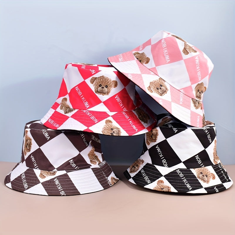 Unisex Cartoon Bear Print Bucket Hat, Double-Sided Sunshade Hat