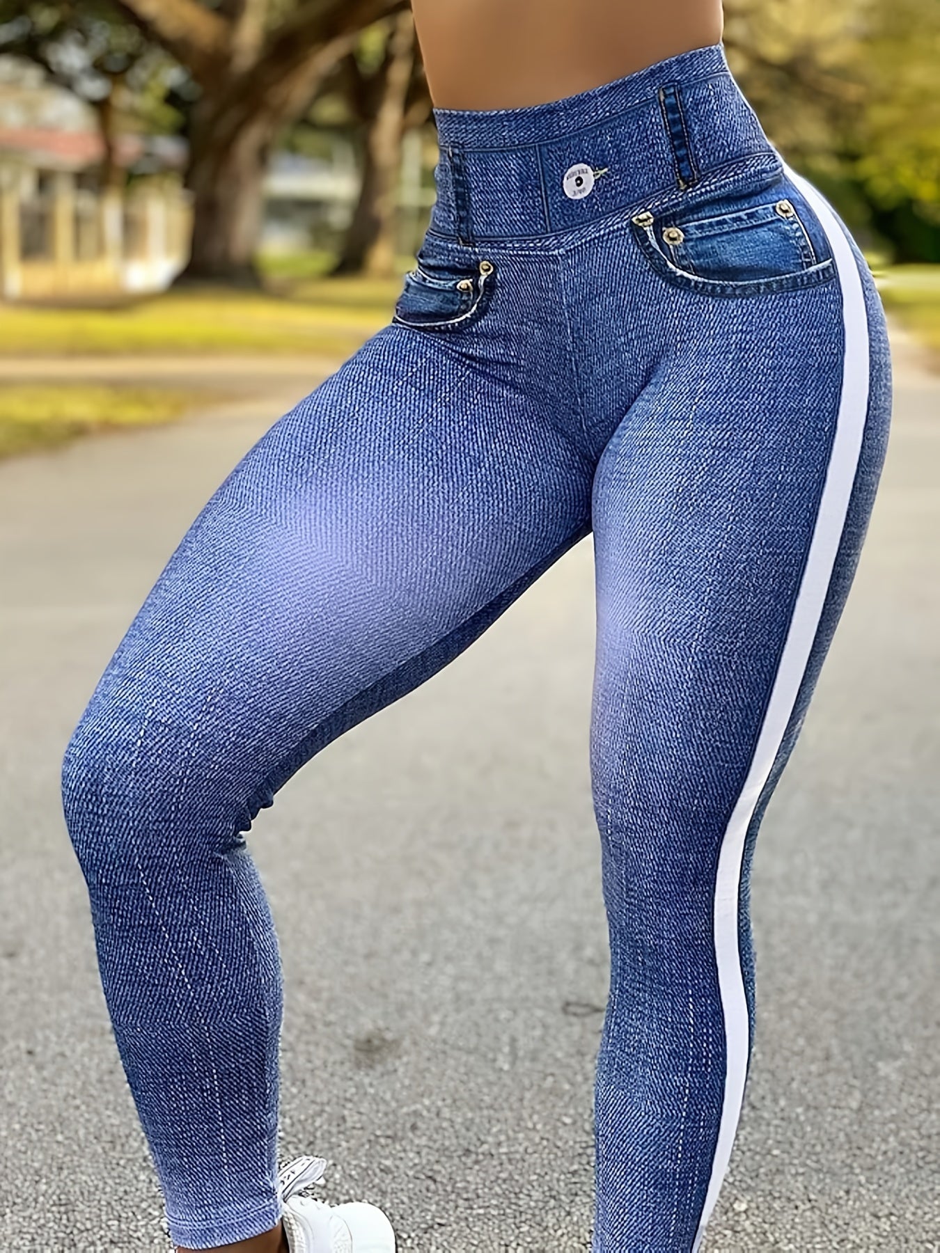 High Stretch Faux Denim Striped Leggings