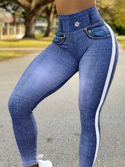 High Stretch Faux Denim Striped Leggings