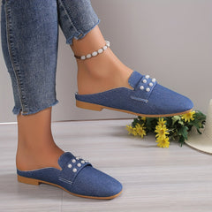 Women's Faux Pearl Flat Shoes Pointed Toe Slip On Denim Loafers