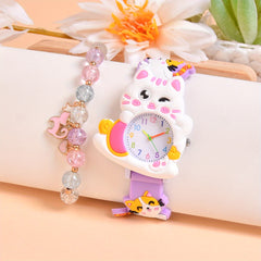 3D Cartoon Cat Silicone Watch for Girls with Beaded Cat Bracelet Set