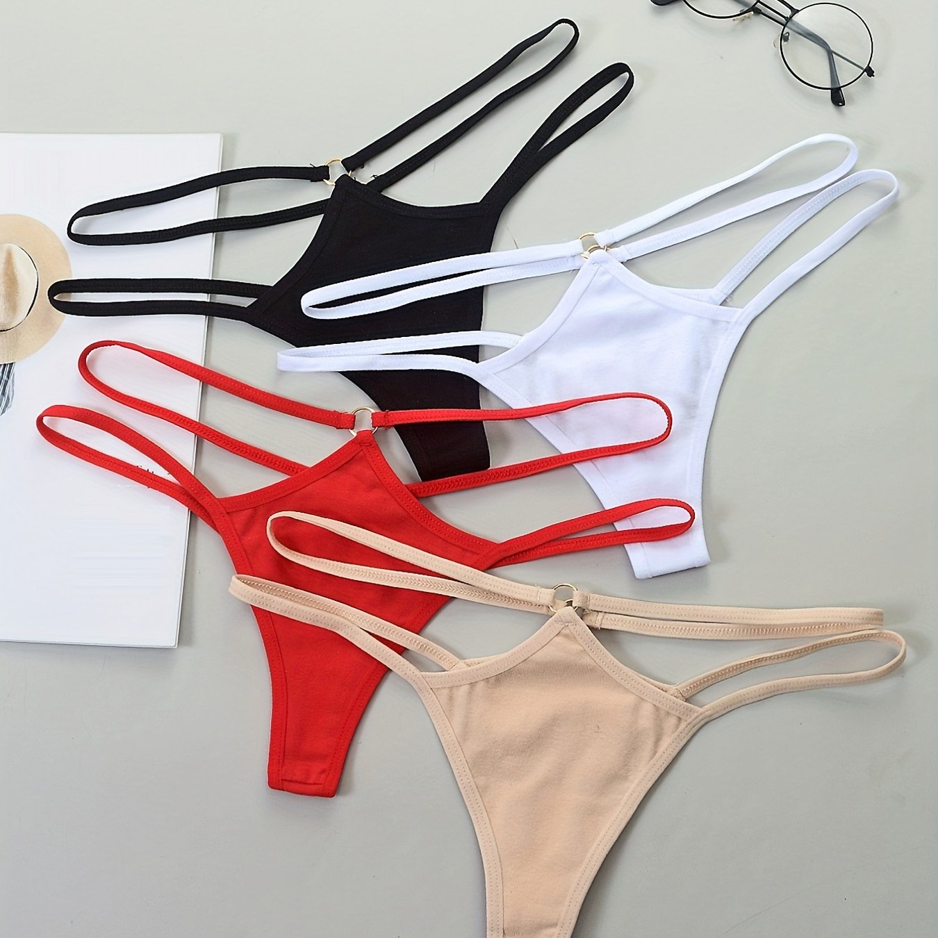 4 Pcs Double Thin Straps Thongs Hollow Out Panties Women's Lingerie
