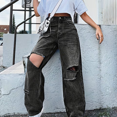 Distressed Straight Jeans Ripped Holes Loose Fit Denim Pants