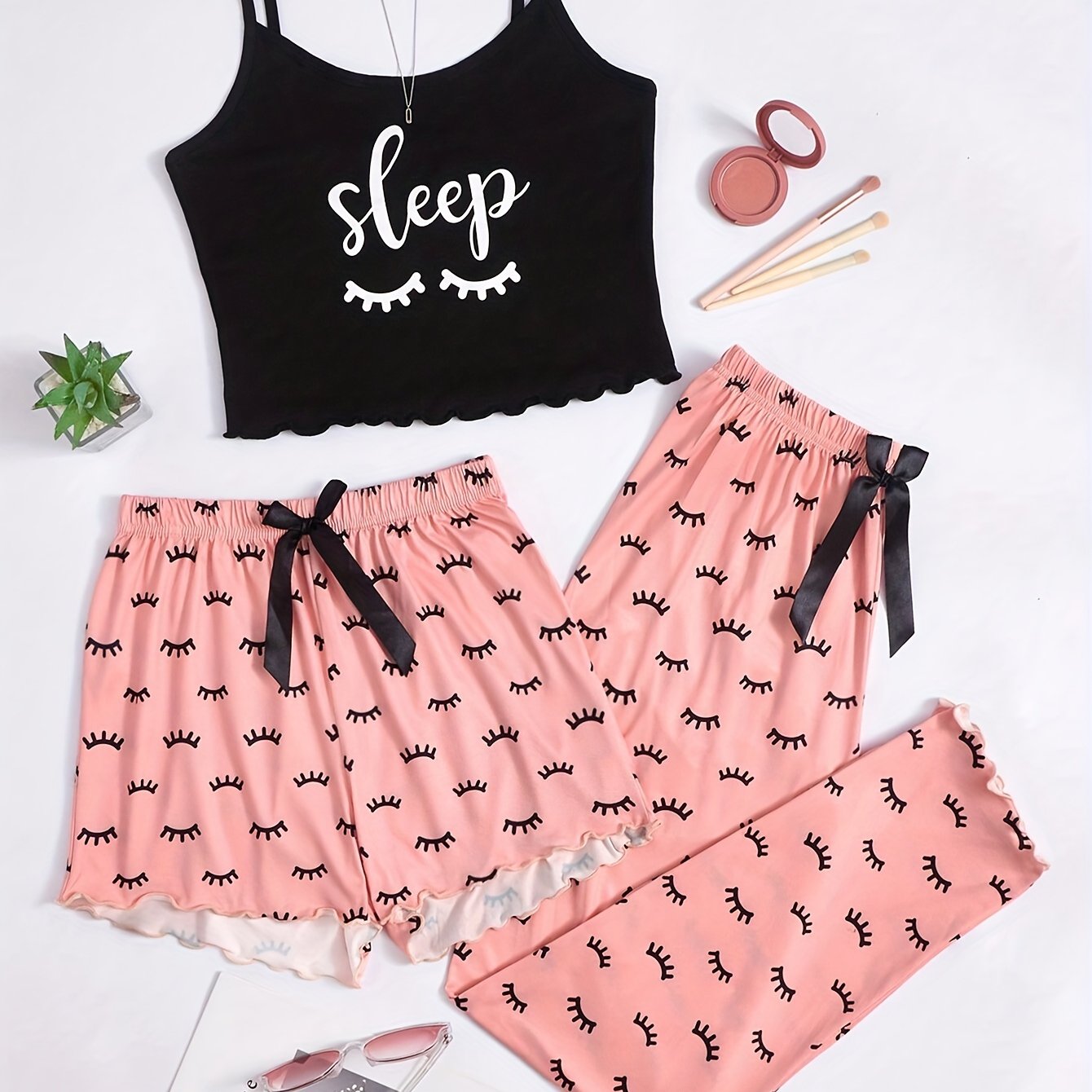 Eyelash Print Pajama Set Cami Top & Shorts & Pants