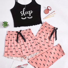 Eyelash Print Pajama Set Cami Top & Shorts & Pants