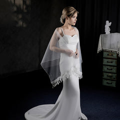 Off Shoulder Tulle Wedding Shawl Floral Print Bridal Veil