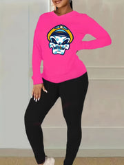 Plus Skull Print Long Sleeve V Neck Top & Leggings Outfit Set