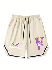 Men's Streetwear Shorts Purple Letter V Graphic Drawstring Stretchy Short Pants
