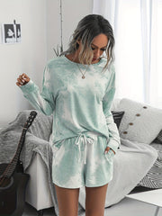 Tie Dye Print Two Piece Set Long Sleeve Tops & Pocket Shorts
