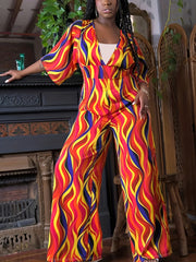 Random Print Deep V Neck Half Sleeve Wide Leg Jumpsuit